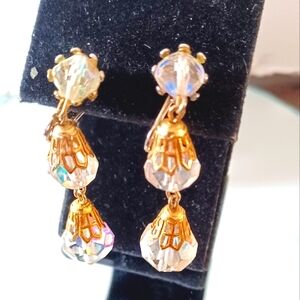 Vintage gold double crystal bead clip on earrings